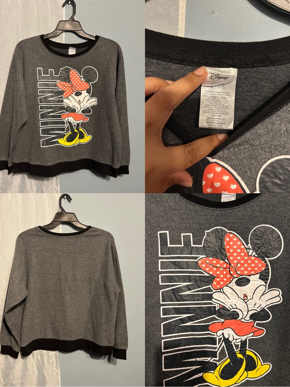 Disney Gray and Black Minnie Mouse Sweatshirt with Red Bow and Yellow Shoes